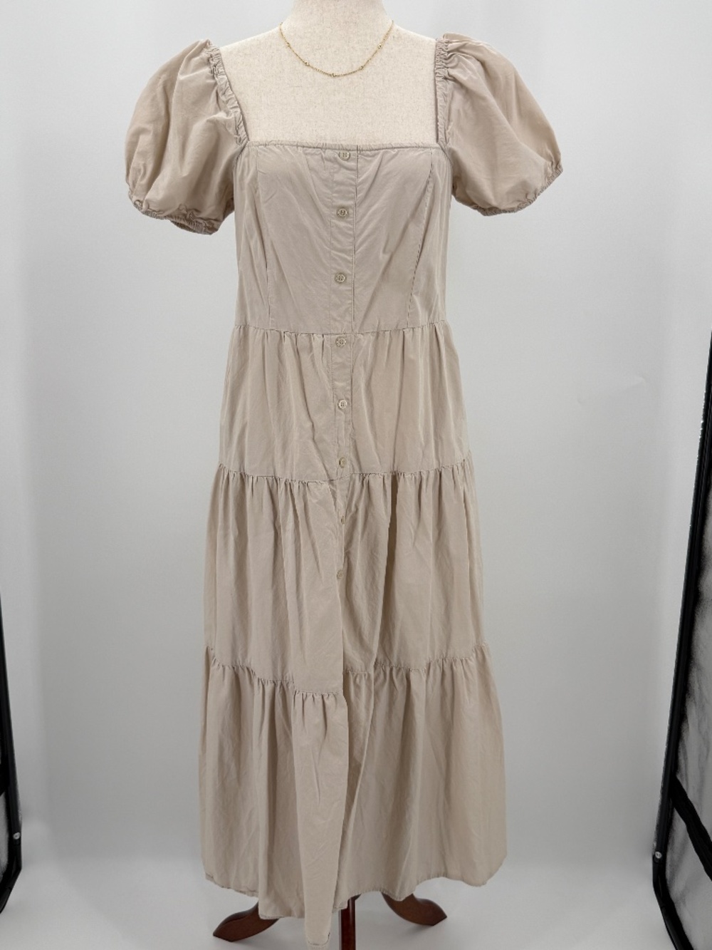 Cottagecore Puff Sleeve Tiered Maxi Dress Prairie Milkmaid Smocked Beige Size M